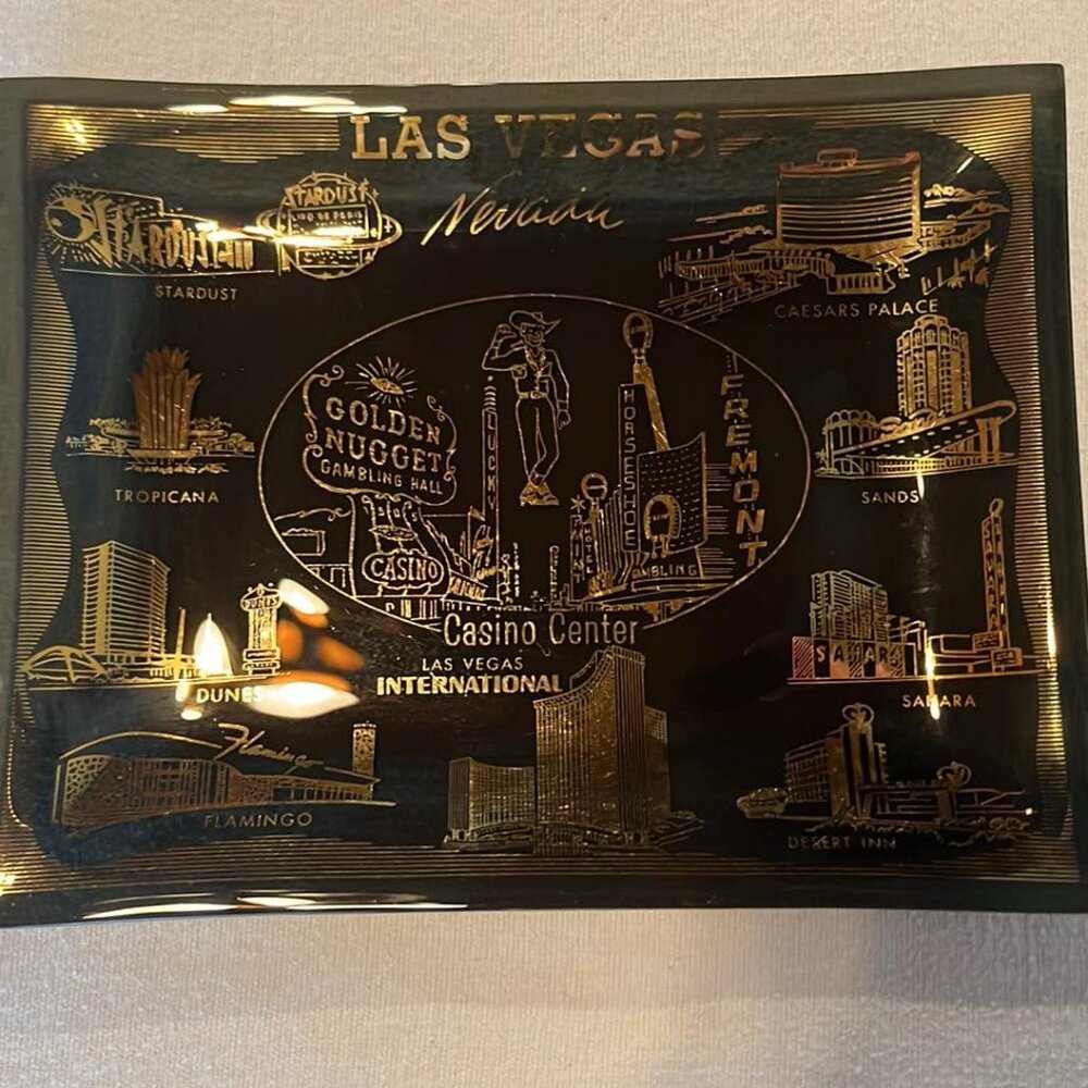Vintage‎ Souvenir Las Vegas Trinket Dish Gold Casino Graphics MCM Madmen Retro